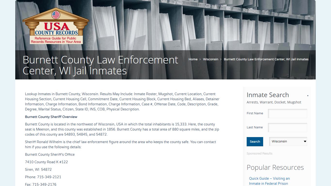 Burnett County Law Enforcement Center, WI Jail Inmates